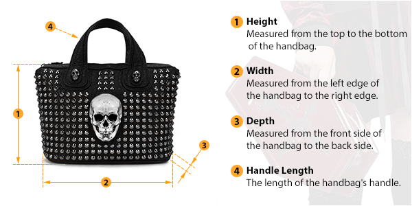 This picture shows how to measure Handbag size by HARD'N'HEAVY.