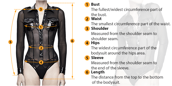 This picture shows how to measure Female Jumpsuit-Bodysuit size by HARD'N'HEAVY.