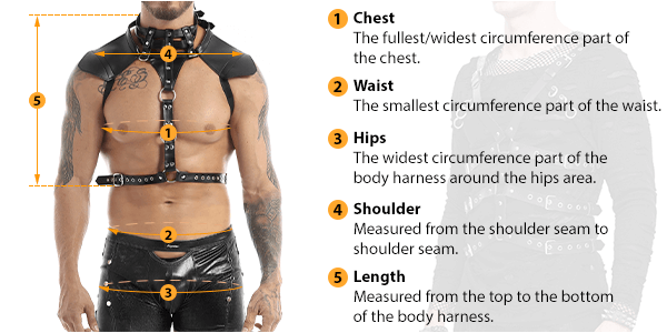 This picture shows how to measure Male Body Harness size by HARD'N'HEAVY.