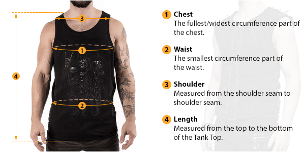 This picture shows how to measure Male Tank Top size by HARD'N'HEAVY.