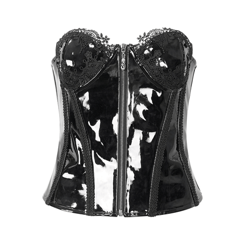 Patent Leather Corset with Zipper Front and Lace-up Back
