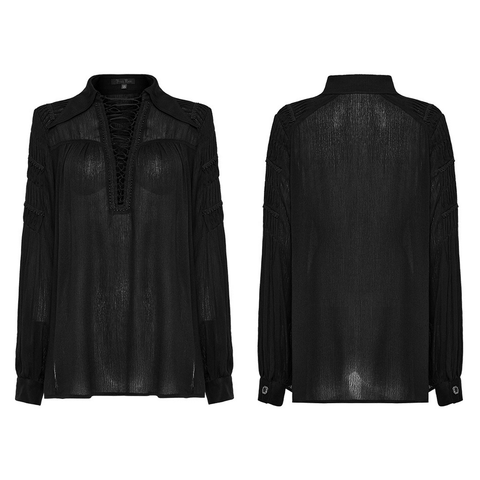 Black Pleat-Detail Cool Goth Shirt for Women.
