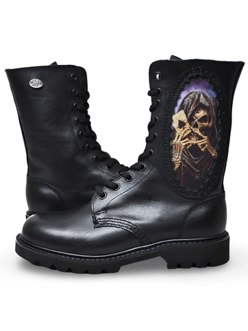 Skull Imprint Grained Leather Rangers With Round Toe Design.