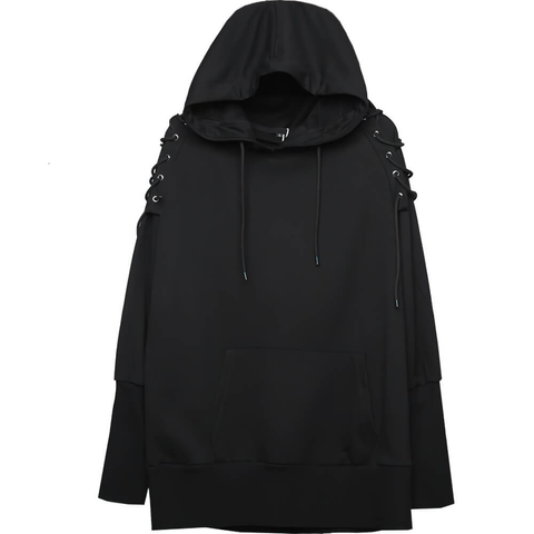 Unisex Chic - Casual Black Hooded Sweatshirt With Unique Lace Detail.