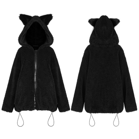 Medium Length Fluffy Jacket with Fox Ears for Women.
