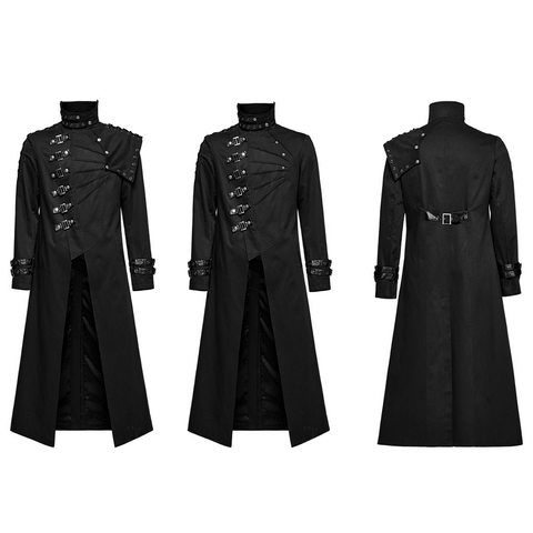 Punk Long Black Coat with Detachable Shoulder Piece.