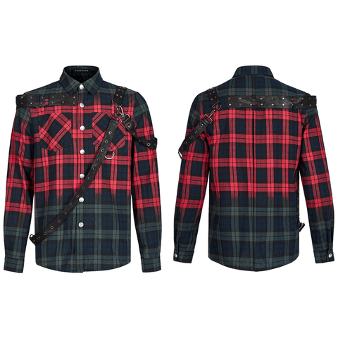 Edgy Punk Color Plaid Shirt with Casual Leather Loops.