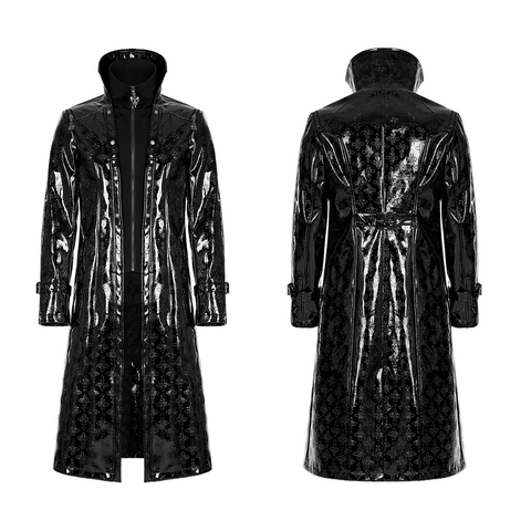 Men's Goth Cross Embossed Patent Leather Long Coat.
