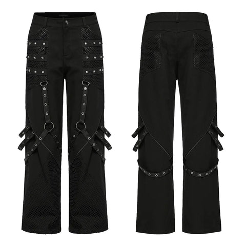 Punk Wide Leg Trousers - Riveted Mesh Detailing.