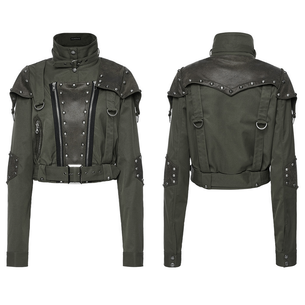 Veste courte style militaire punk avec détails en similicuir et rivets.