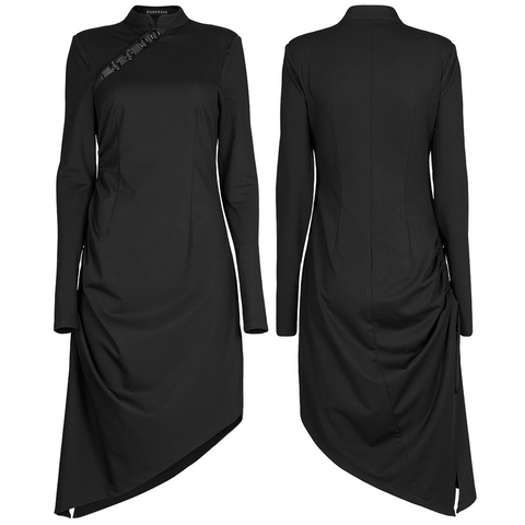 Black Cheongsam-Inspired Midi Dress Asymmetric Hem.
