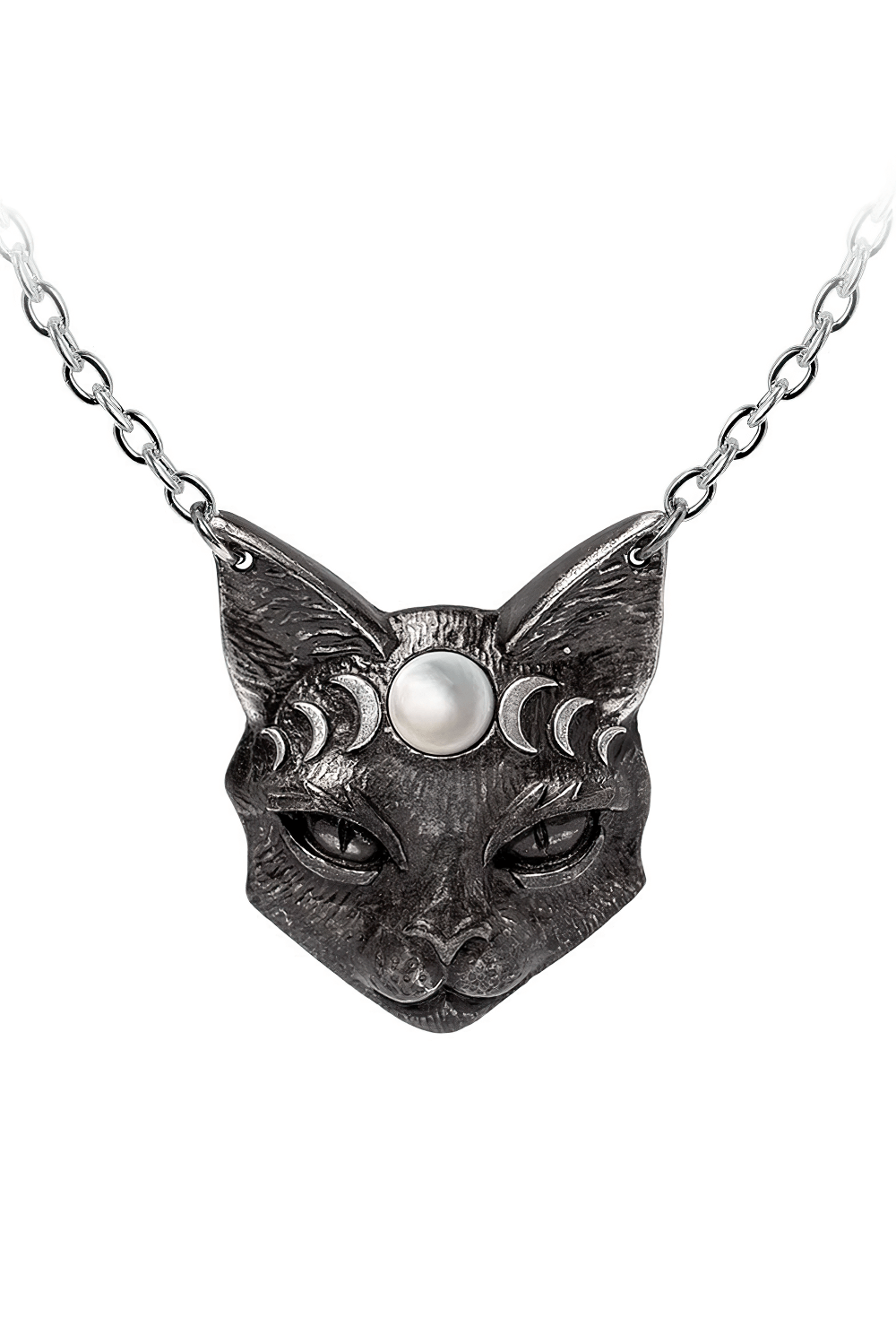 Blackened pewter cat necklace with moon phases and mother of pearl, symbolizing intuition and femininity.