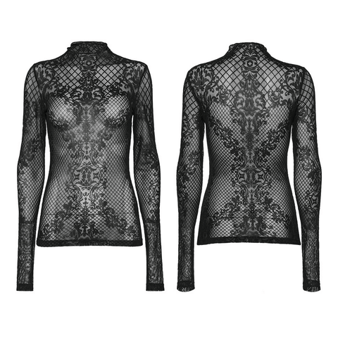 Gothic Elegance Flocked Mesh Stand-Collar Top.