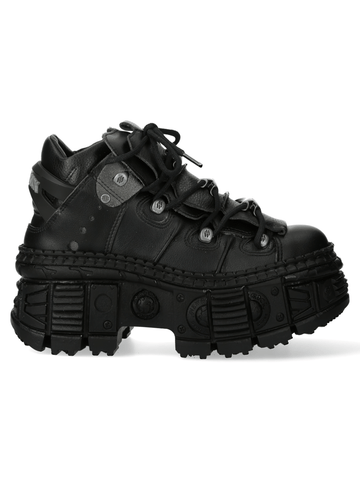 Robust Black Boots with Detailed Design Elements.