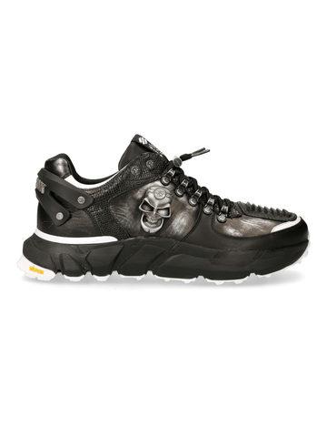 Bold Metal Skull Black Laced Sports Footwear.