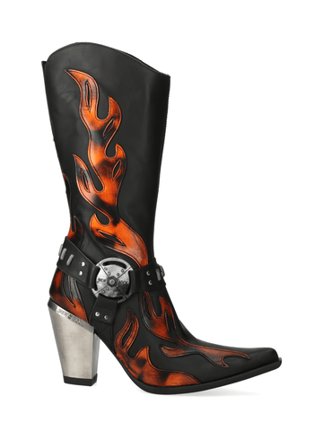 Bold Flame Design Cowboy Boots With Metal Detail.