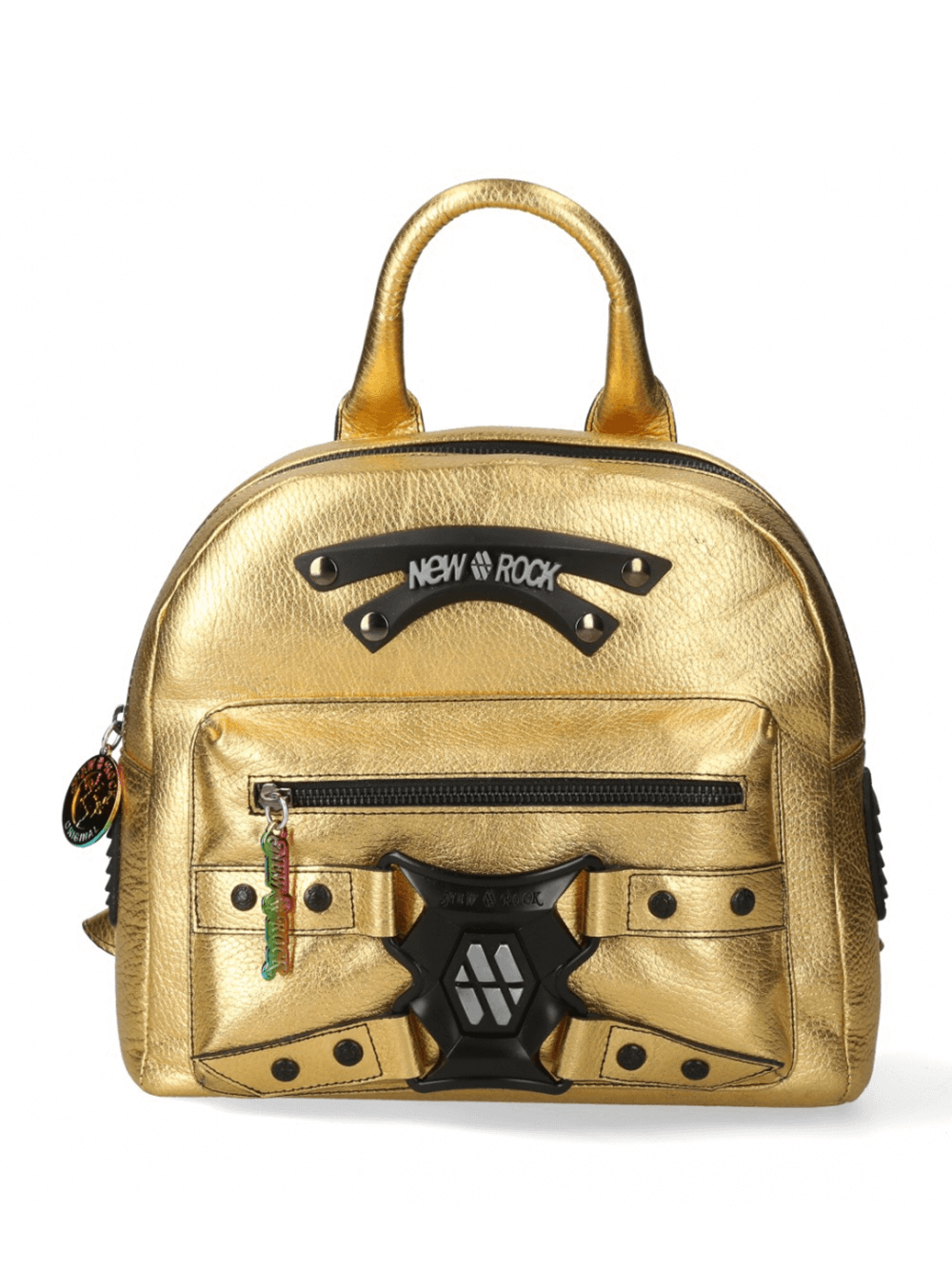 Gold gothic punk leather backpack with zipper and buckle closure, featuring adjustable straps for a perfect fit.
