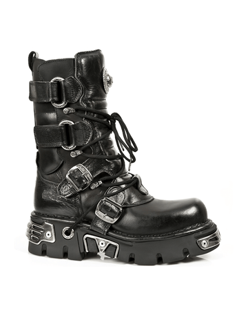 Punk-Inspired Black Boot with Gothic Metal Details.