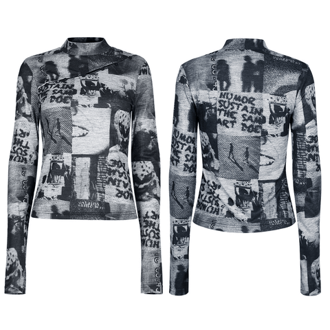 Stand Out in Edgy Newspaper Print Long Sleeves Top.