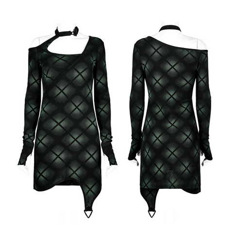 Green Asymmetric Plaid Dress with S-Buckle Detail.