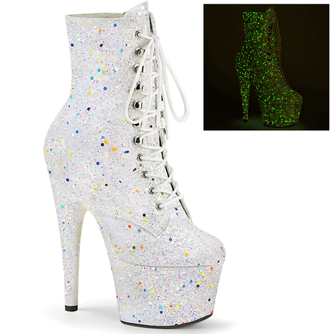 Blacklight Reactive White Glitter Platform Boots.