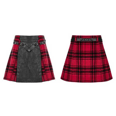 Rock the Edgy Look: Punk Plaid Splice Skirt with Rivet Detailing.