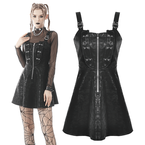 Black PU Leather Dress with Rivet And Zipper Accents.