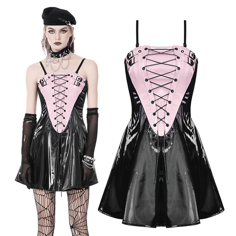 Black Patent Leather And Pink Mini Dress.