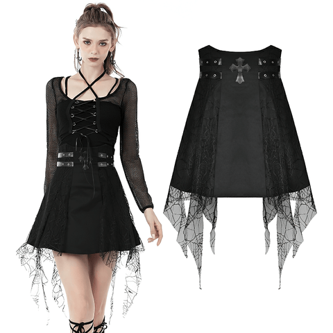 Gothic Black Mini Skirt with Spiderweb Lace Overlay.