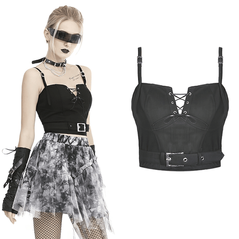 Edgy Black Corset Top with Adjustable Lace-Up Front.