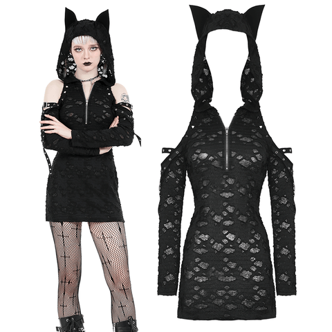 Black Lace Hooded Dress with Cat Ears for a Bold Look.