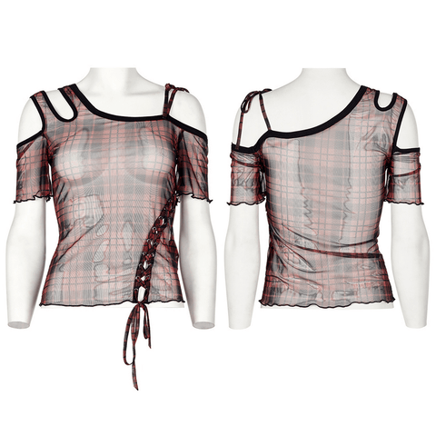 Daily Punk Plaid Mesh T-shirt - Off-Shoulder Design.