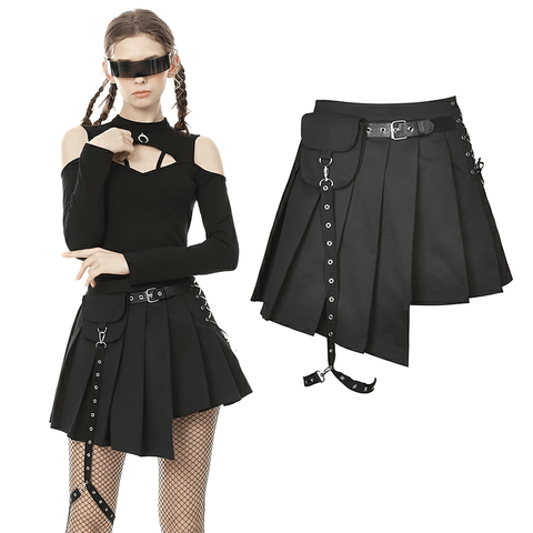 Edgy Black Gothic Asymmetrical Skirt with Side Pocket.