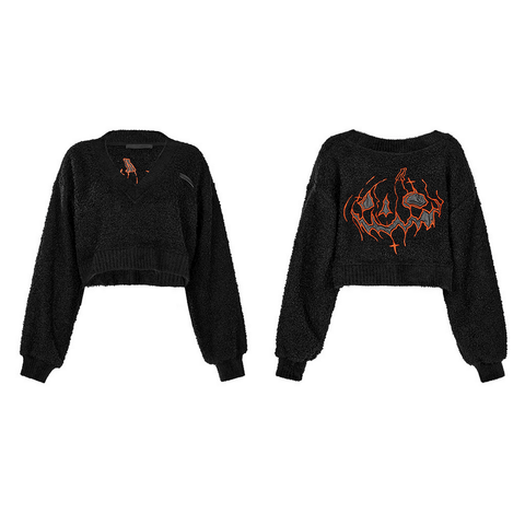 Loose Knit V-Neck Sweater with Spooky Pumpkin Back.