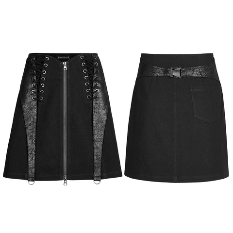 Dark Punk Style: Black A-Line High Waist Skirt with Bandage Details.