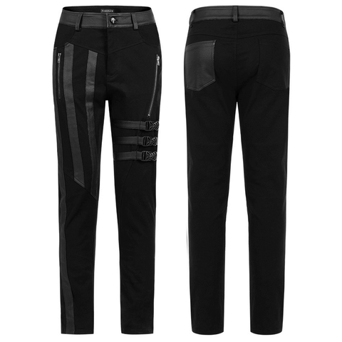 Dark Elastic Woven Long Pants with Button Accents and Buckle Strap.