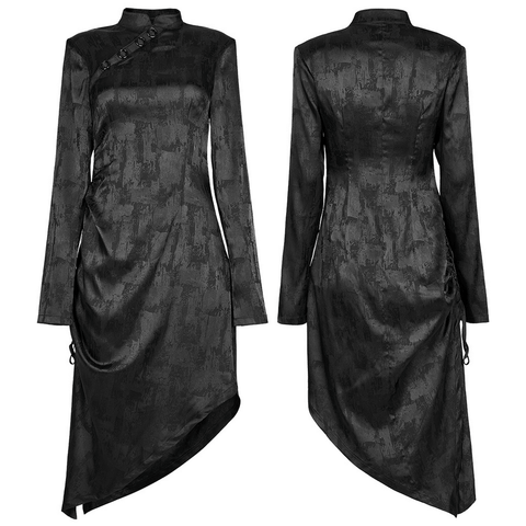 Black Cheongsam Long Dress with Pointed Hem and Concealed Buckles.