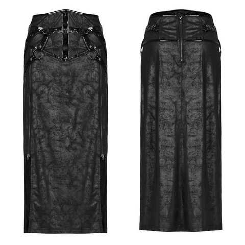 Gothic Straight High Slit Faux Leather Skirt with Side Zippers.