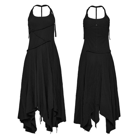 Black Halter Neck Dress with Irregular Patchwork and Gothic Accents.