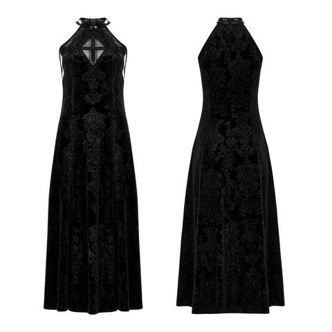 Gothic Sleeveless Velvet Dress with Diamond Cross Detailing.