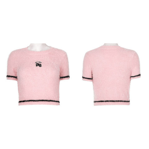 Sweet and Deadly: Pink Cherry Skull Plush Sweater. 