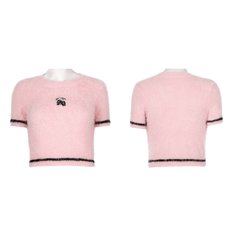 Sweet and Deadly: Pink Cherry Skull Plush Sweater.