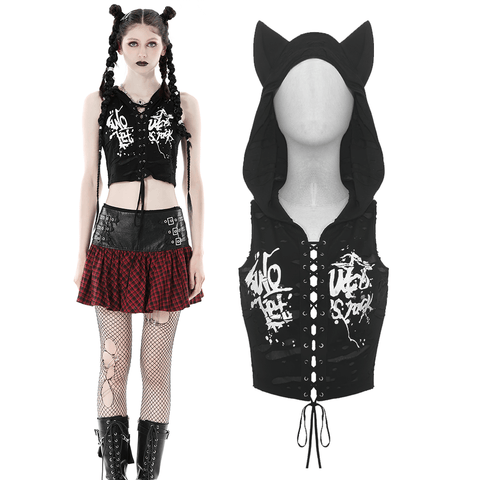 Edgy Black Crop Top with Playful Cat Ears.