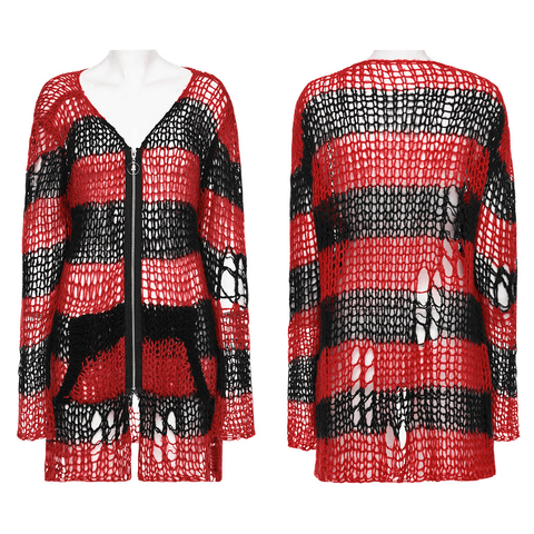 Ripped Rebel: Edgy Zip-Front Punk Cardigan in Red and Black.