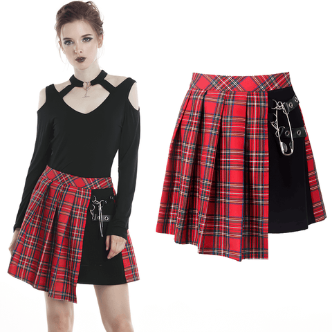 Edgy Red and Black Pleated Mini Skirt: Punk Rock Meets Chic.