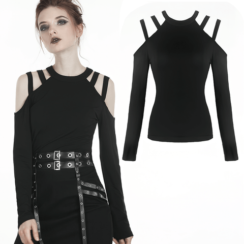 Edgy Black Top with Cut Out Shoulders for Women.