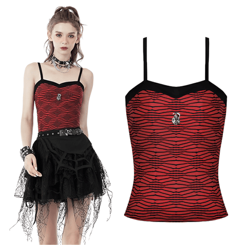 Red and Black Striped Goth Cami with Metal Decoration.