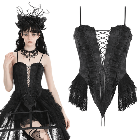 Elegant Deep V-Neck Black Lace Corset with Flare Detail.