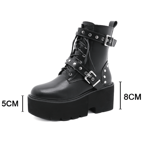 Black PU Leather Women's Combat Boots - Steampunk Fashion.
