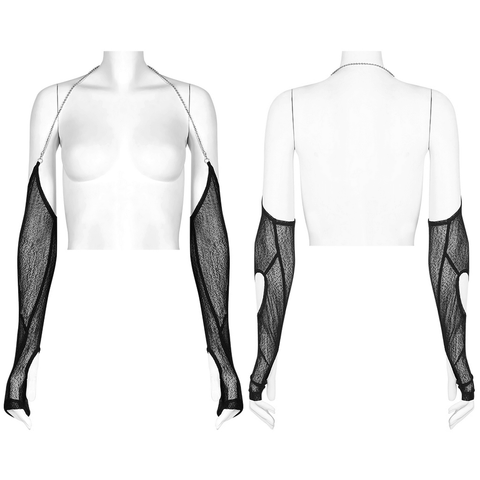 Texture Gauze Halter Arm Sleeves: Punk Chainmail Mesh Gloves.